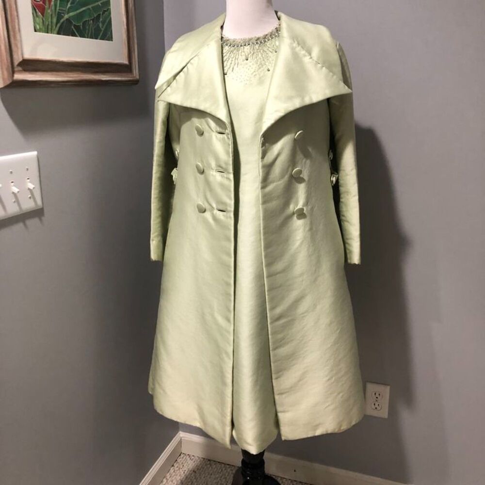 Vtg Jean Lutece 2 Piece 1960s Pale Green Beaded Dress & Matching Coat Sz 14 View 2